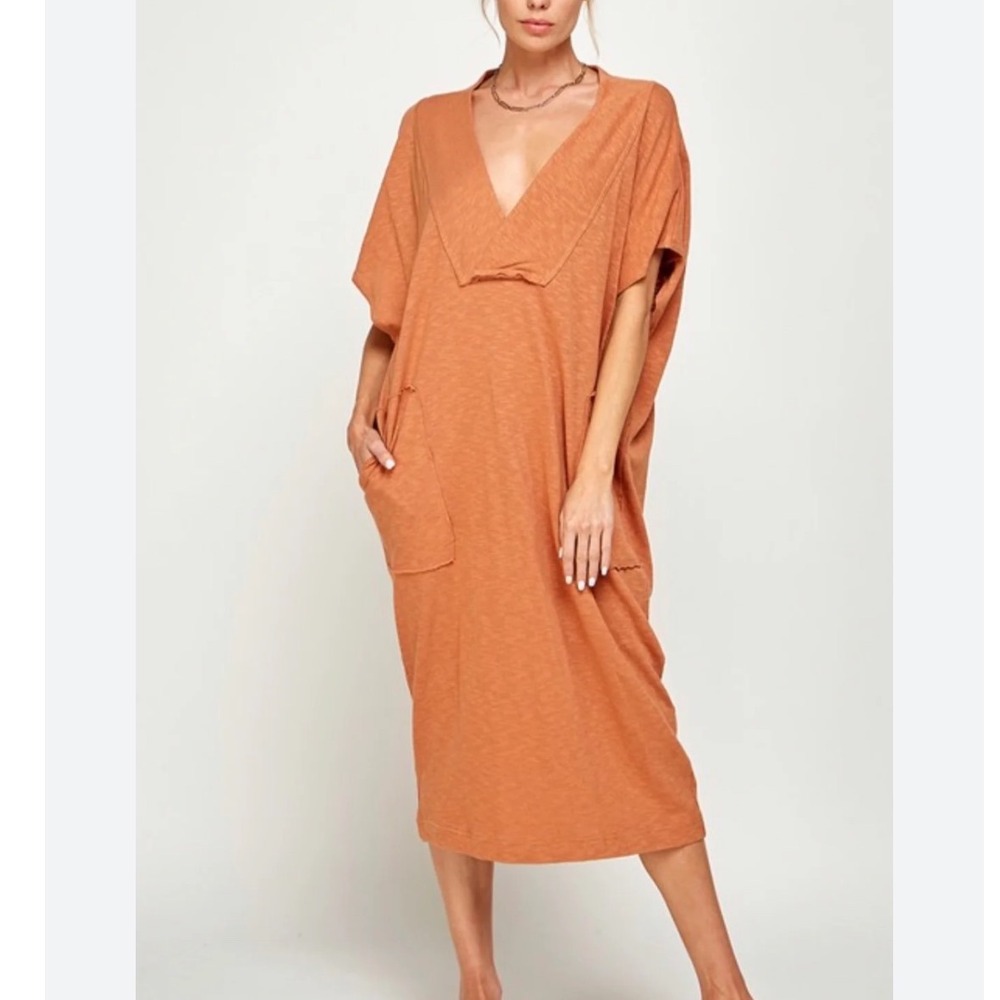 Free People FP Beach Sun Shower Maxi Dress Womens Small Orange Copper Pockets